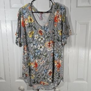Vibrant Floral and Stripe V-Neck Women's Tee